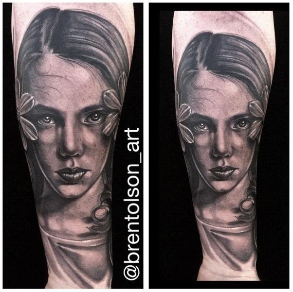 Black and Gray realistic portrait tattoo, Brent Olson Art Junkies